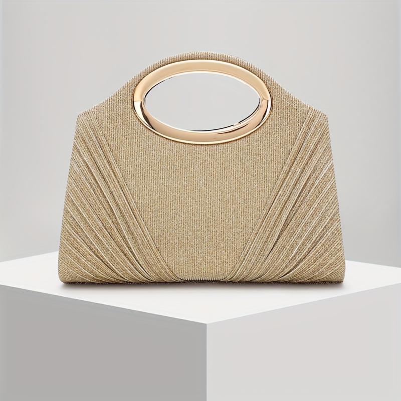 TEMU Elegant Women's Round Ring Pleated Evening Clutch - Sparkling Beige Polyester Handbag With Magnetic Closure, Perfect For Weddings, Formal Events