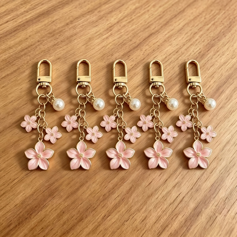 TEMU 5pcs Set: Fashionable Alloy Enamel Flower Pendant Keychain, Sweet And Cute Cherry / Phone Bag Charm, Stylish Pendant Hook. Perfect As A Birthday