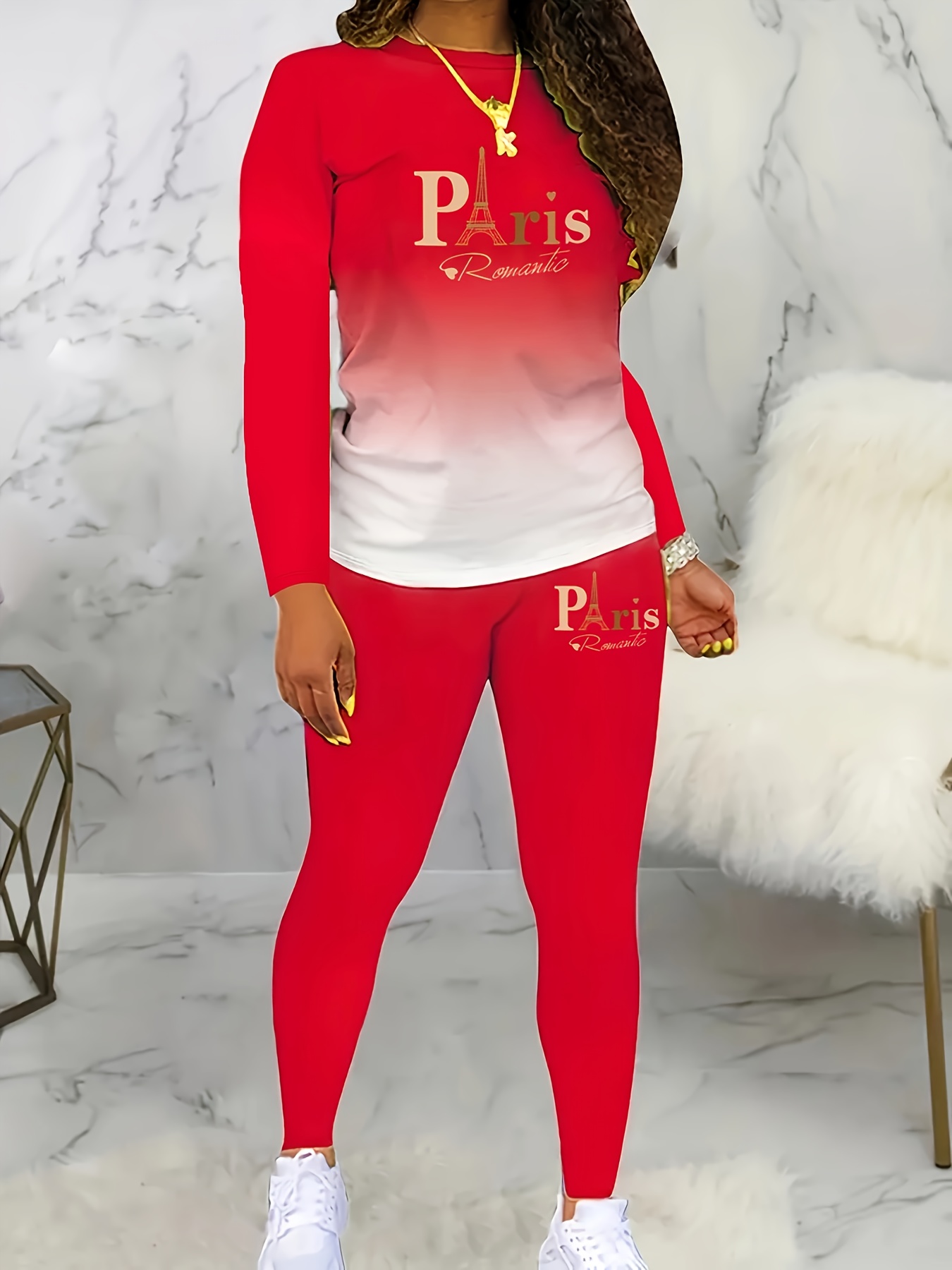 Gradient Paris Letter Print Casual Autumn And Winter Long Sleeve Round Neck Women'S Pants Two-Piece Set