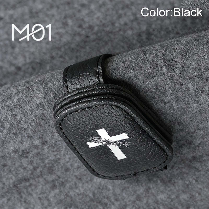 TEMU 1pc Durable Pu Leather All In Eyeglass Clip With Cross With Crown Of Thorns Pattern Glasses Holder Card Storage Installation Versatile Accessory