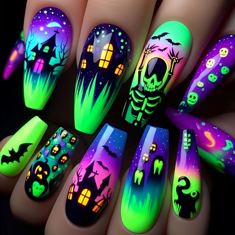 TEMU 24pcs Gothic Nail Tips Suitable For - Glossy Bat Press- Nails With Ballerina Shape, Bat Wing & Designs For Halloween Parties, Nail