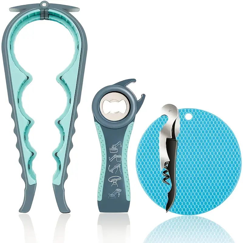 4pcs multi function bottle opener 4pcs multi function bottle opener set stainless kitchen tools with jar opener corkscrew cap twister non slip rubber pad ideal for weak hands no electricity needed details 0