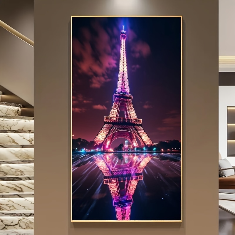 

Diy 5d Diamond Painting Kit - 19.7x55in Frameless Round Acrylic Diamonds, Eiffel Tower Night Scene With Colorful Lights, Full Drill Craft For Sparkling Wall Art Decor