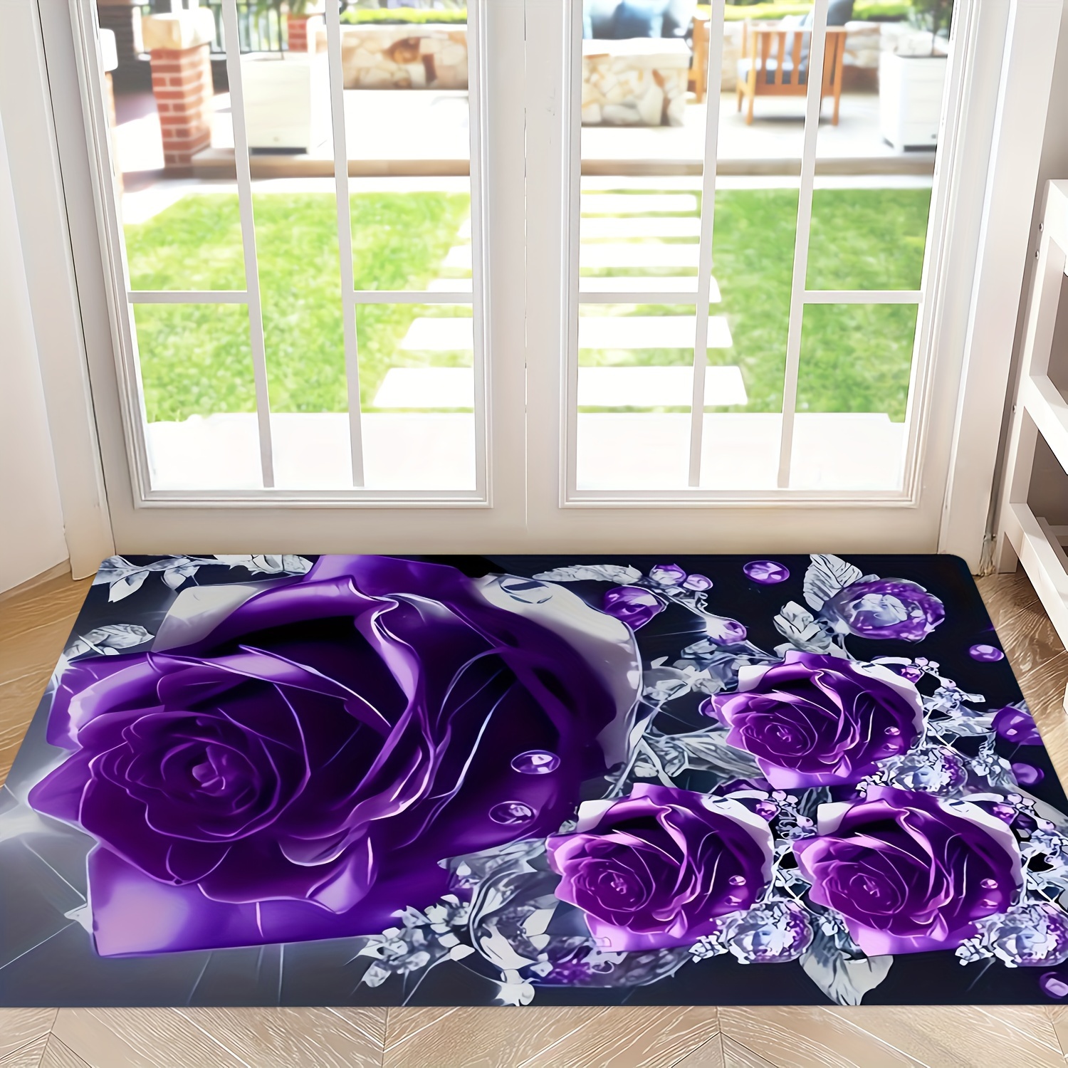 TEMU A Design Pattern Of Elegant Purple Roses For A Living Room Area Rug, Soft And Comfortable, Suitable For , Game Rooms, Living Rooms, Studies, And