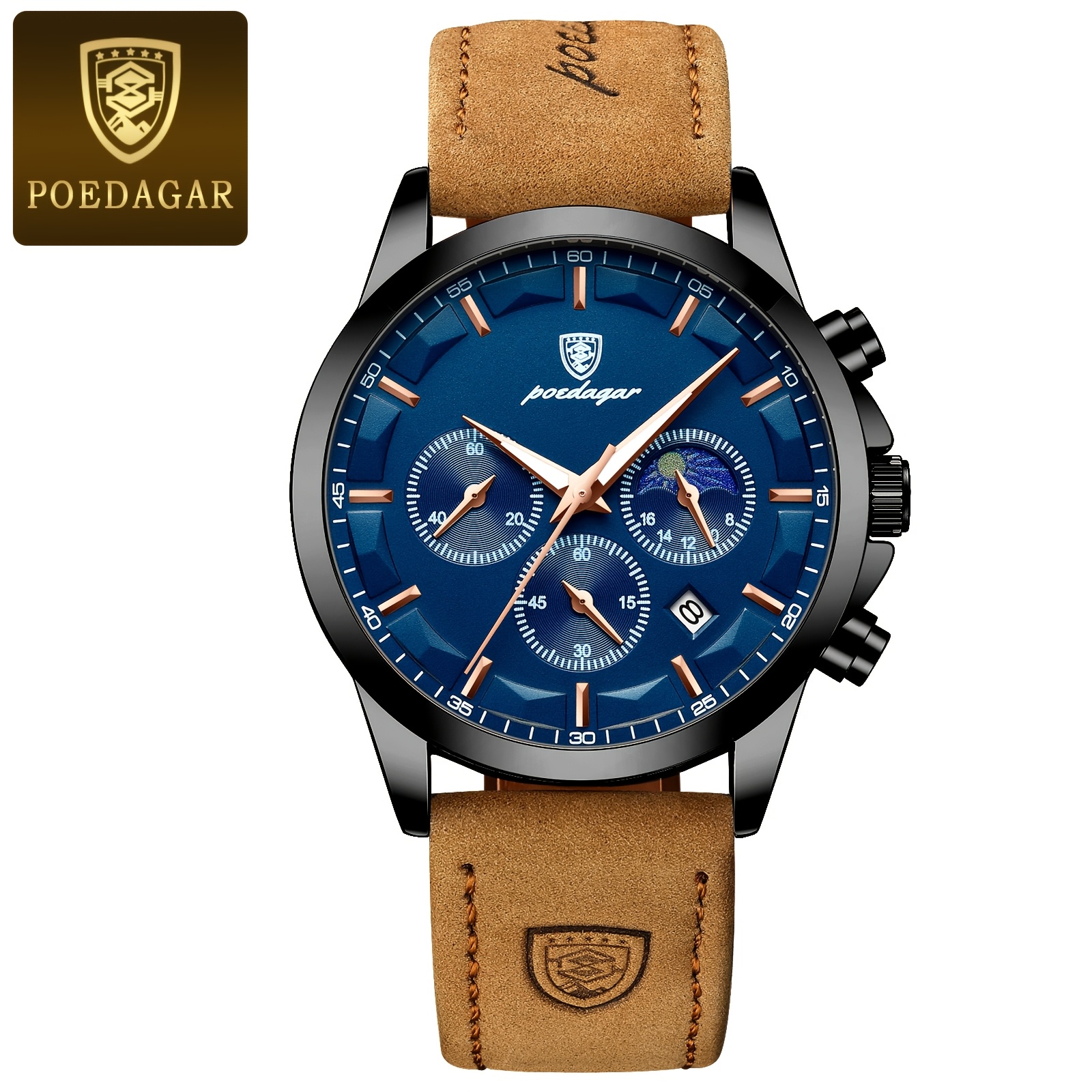 Poedagar Business Retro Men's Watch Chronograph Waterproof Calendar Men's Wristwatch 24-hour Day Night Display Quartz Men's Watches