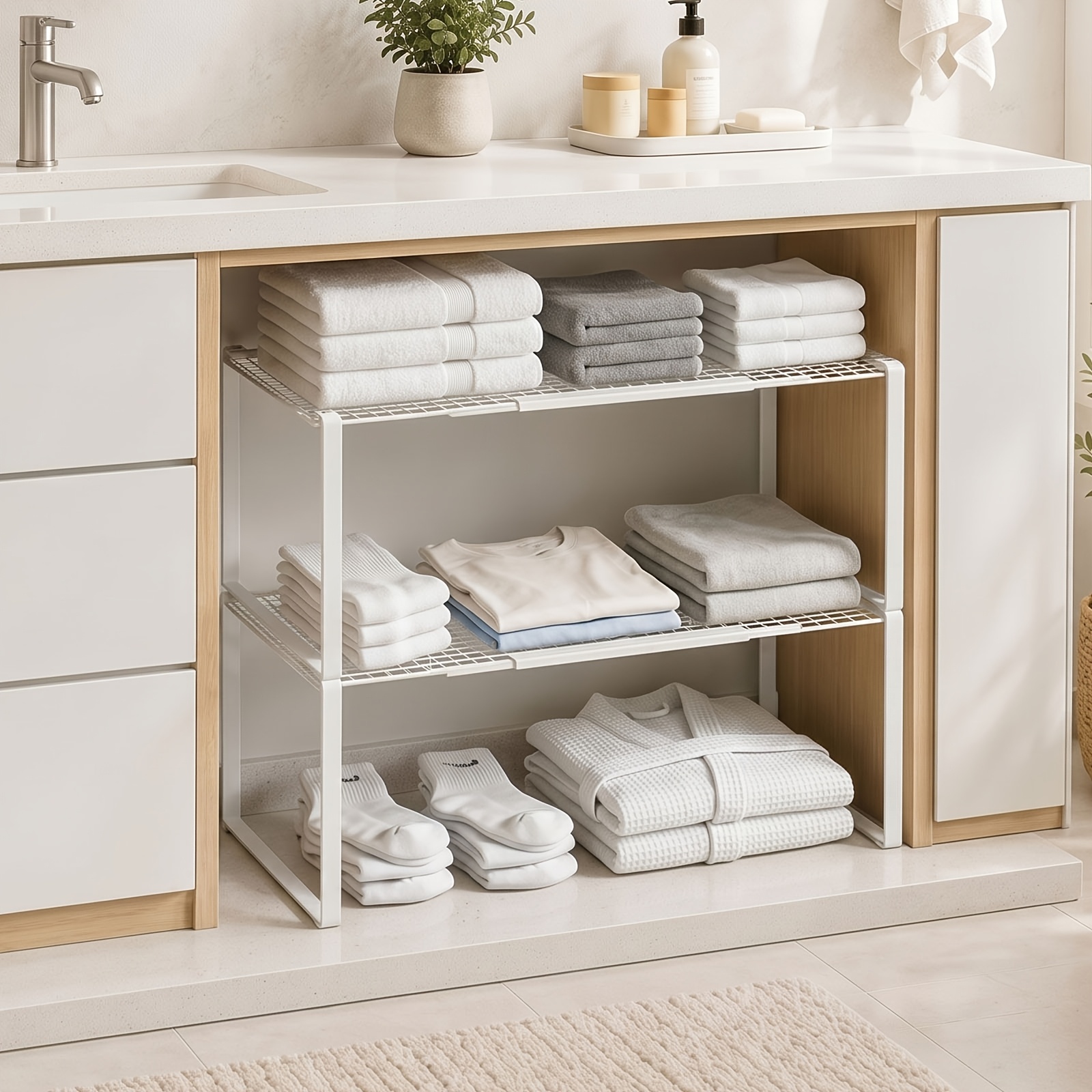 TEMU 2-tier Extendable Closet Organizer, Large Capacity Shelves, Durable Carbon Steel, Ventilated Mesh Design, Storage Drawer Units, Lightweight And