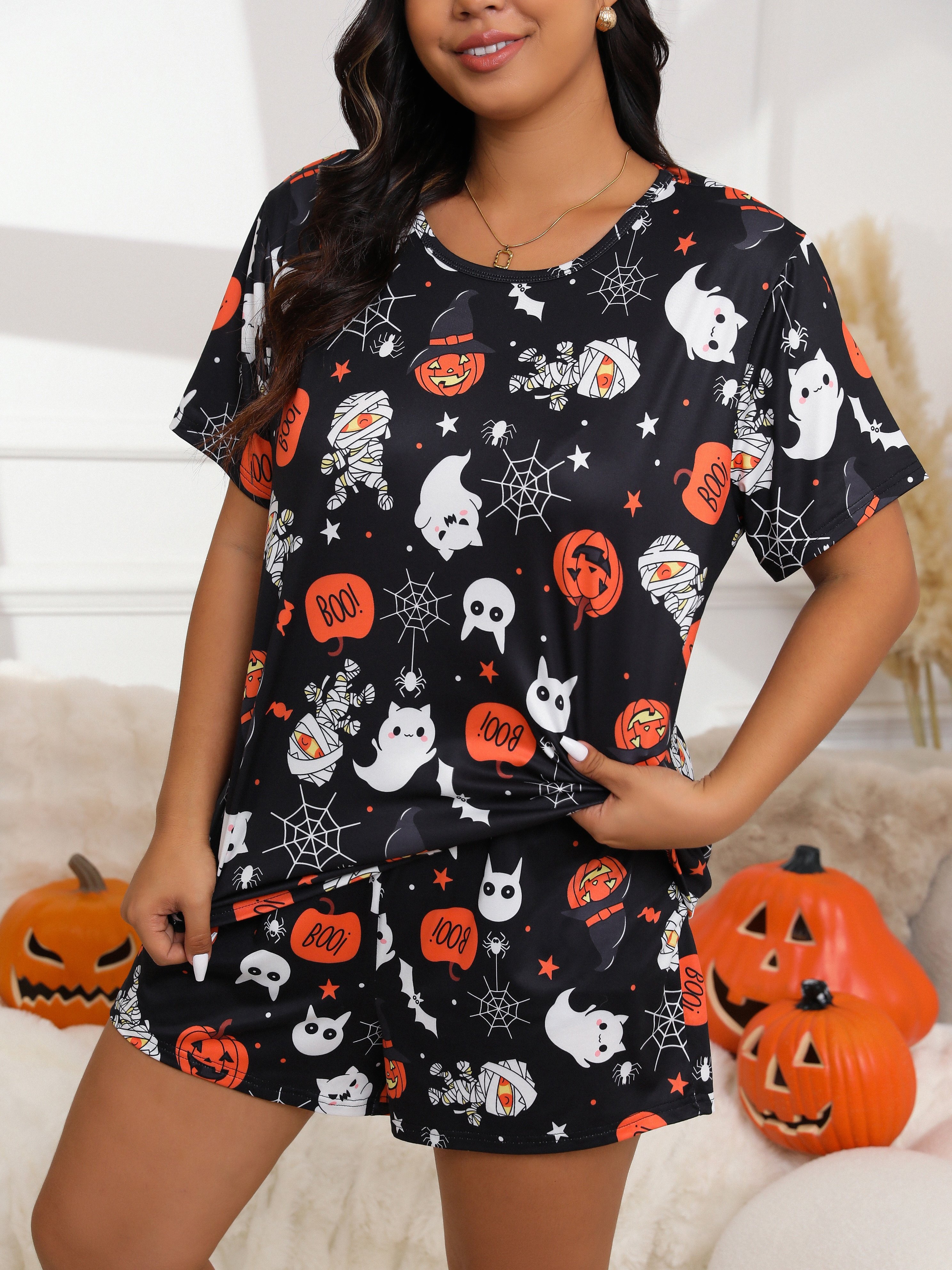 Womens Plus Halloween Gothic Pajama Set Plus Size Skull Hand Temu