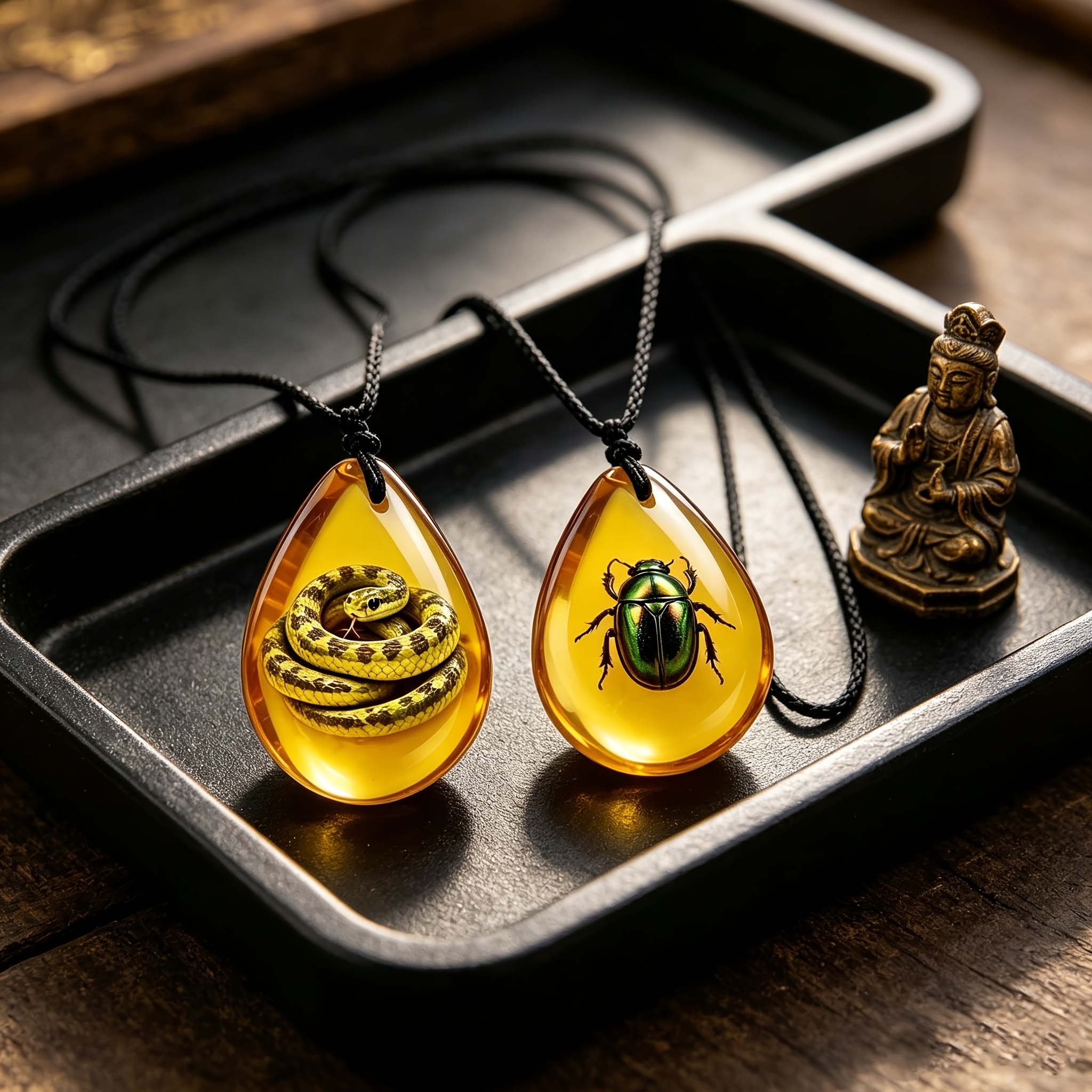2pcs Unisex Imitation Amber Snake & Beetle Pattern Necklace Set