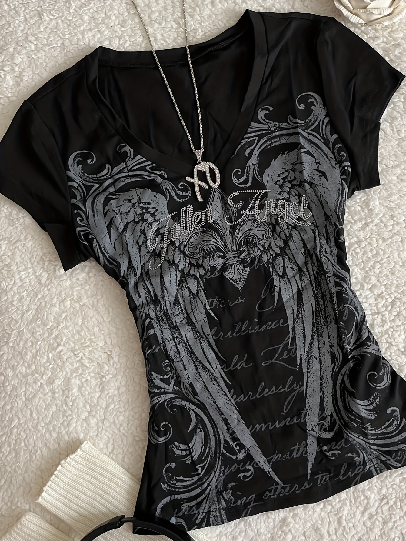 wing print vintage y2k trendy womens v neck short sleeve t shirt