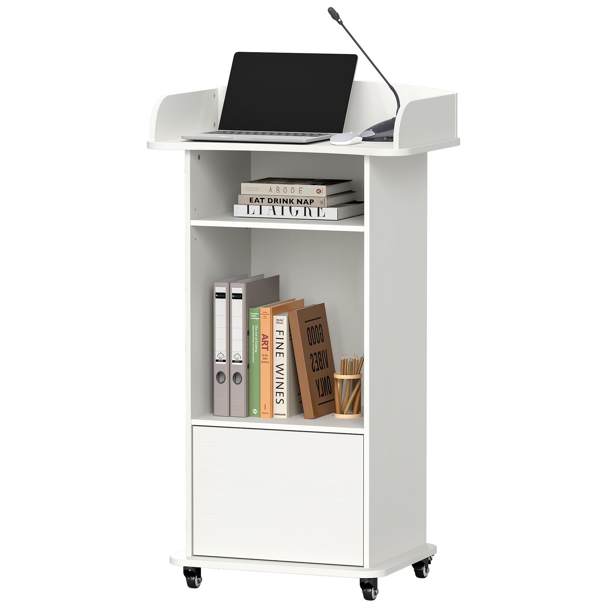 Image of Wooden Podium With 360° Metal Casters, Portable Mobile Lectern With Storage Space, Ideal For Churches, Hotels, Schools, Conference Rooms And More