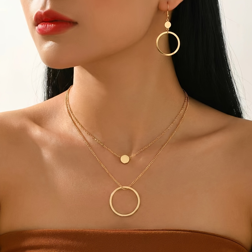 TEMU 2pcss Women's Jewelry Set, Easy Geometric Double-layer Disc And Ring Pendant Necklace And Earrings 2pcss Set, Spring Summer Daily Party Middle