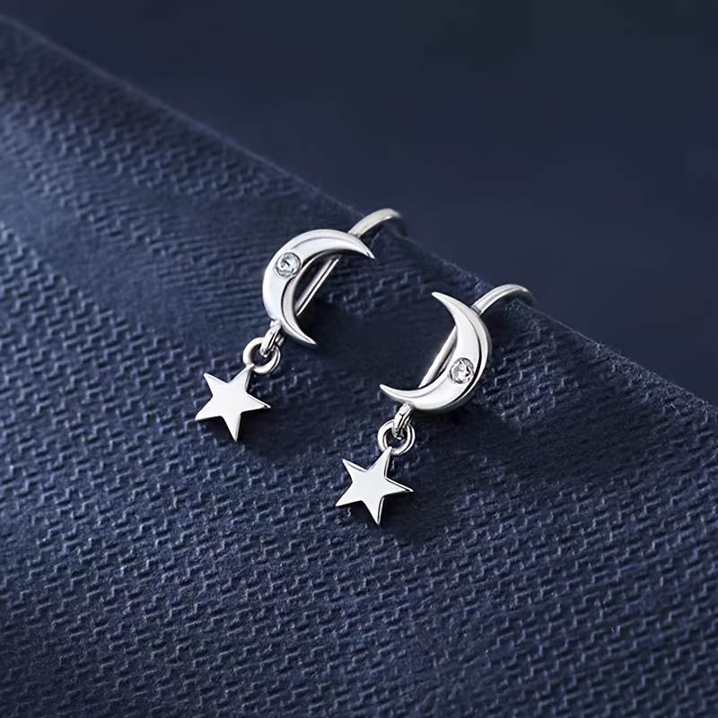 TEMU S925 Sterling Silvery, Simple And Fashionable Star And Moon Earrings, And Moon Shape, Suitable For Music Festivals, Easter, Parties, Daily Commuting, Summer, Beach Vacations