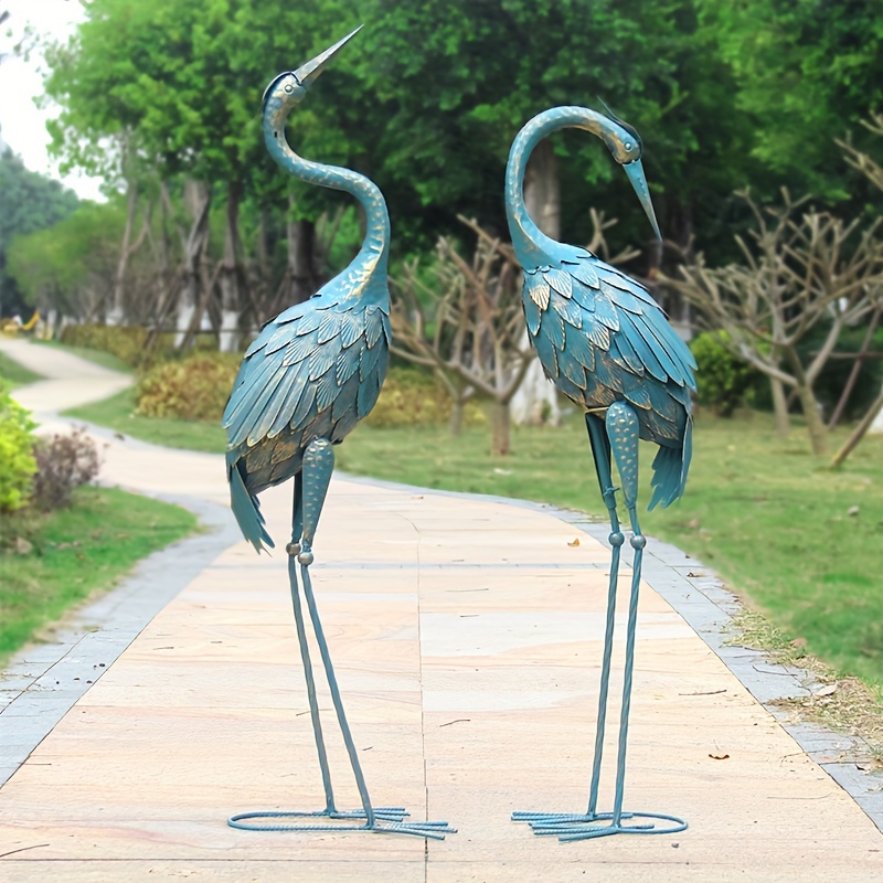 

Set Of 2 Cyan Crane Garden Statues, Metal Standing Crane Decoy Outdoor Statue, Metal Bird Yard Art Sculpture For Patio Lawn Pond