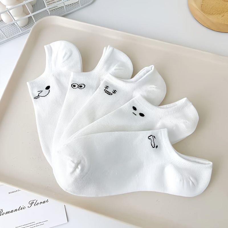 5 Pairs of Women's White Expression Boat Socks, Cute Expression, Fashionable and Versatile, Trendy and, College Style, Suitable for Daily Use