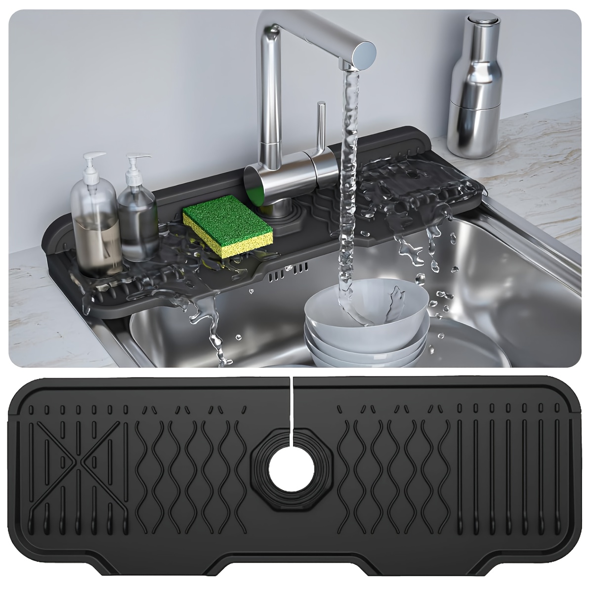

Space-saving Silicone Kitchen Sink Organizer With Soap Dispenser & Sponge Holder - Faucet Drip Catcher Tray, Draining Mat For Kitchen & Bathroom