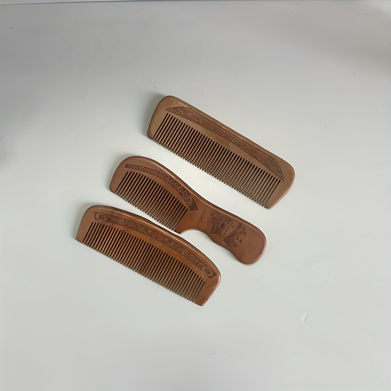 Image of 3pcs Set Of Walnut Wood Handle Wooden Detangling Combs For Normal Hair - Anti-static, Smooth Styling, Portable Wooden Hair Care Tools