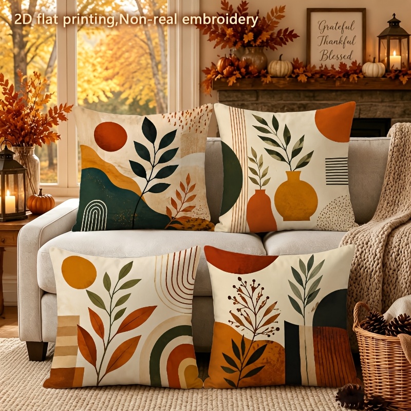 TEMU Ensemble de 4 housses de coussin décoratives, thème automnal, motif imprimé nordique Morandi avec vase de , branche et feuille, de couleur