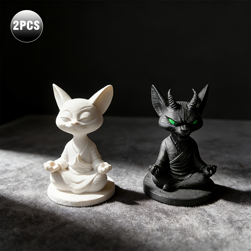 [collectible Figurines]2pcs Zen Cat Figurine, Black White Contrast Meditation Statue, Office Desk Decor, Visual Gift