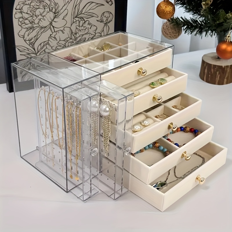 2 tier 5 layer large capacity transparent desktop jewelry organizer bracelet and necklace storage box with multiple compartments ring holder earring rack soft padded necklace and bracelet protector suitable for vanity or desk jewelry box jewelry boxes Product details 2