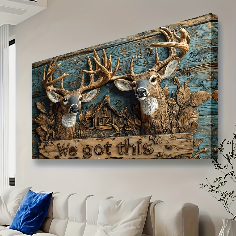 

2d Couple Deer Wooden 3d Effcet Canvas Painting Wall Art Prints For Home Decoration, Living Room & Bedroom, Festival Party Decor, Gifts, Ready To Hang