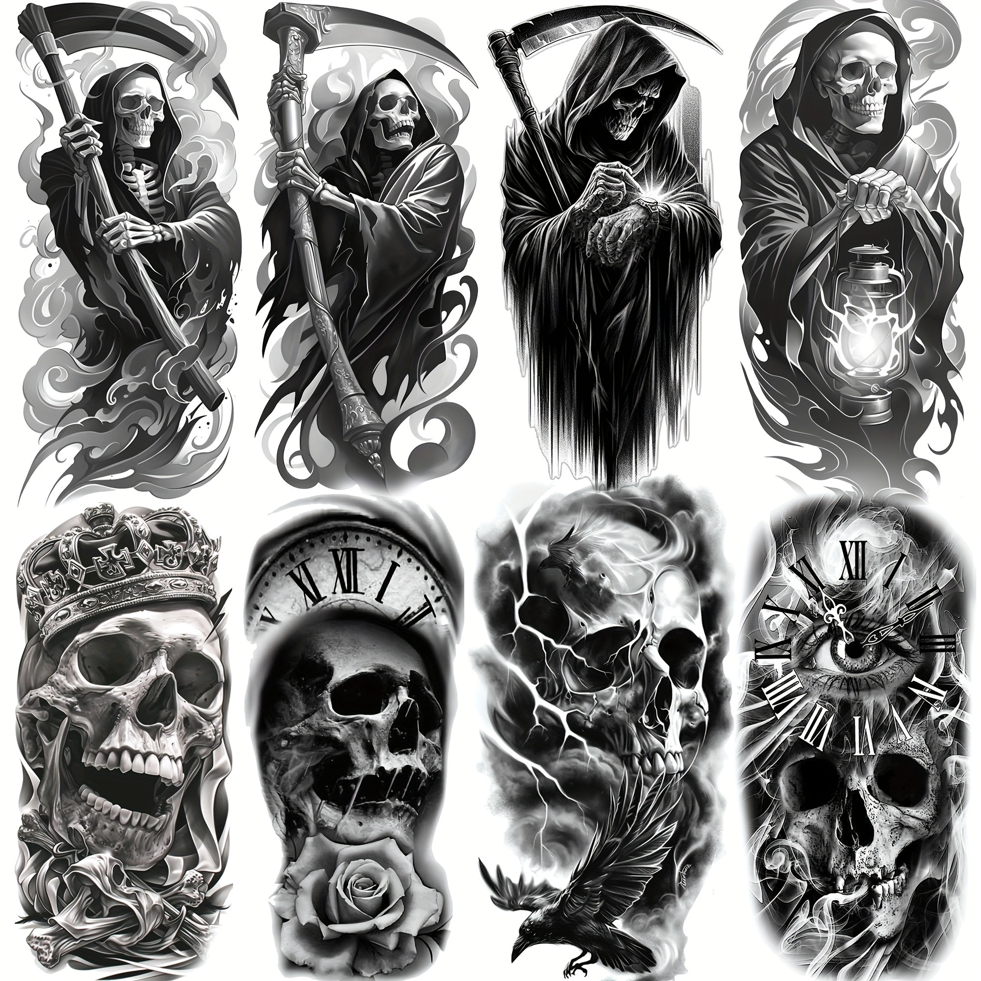 8 sheets evil skull     temporary tattoos for adults realistic long lasting waterproof halloween body art with scary skeleton zombie gothic designs   roses clock lightning   remove   tattoo stickers for arm   costume halloween clothes costume accessories gothic tattoo designs detailed tattoo artwork 0