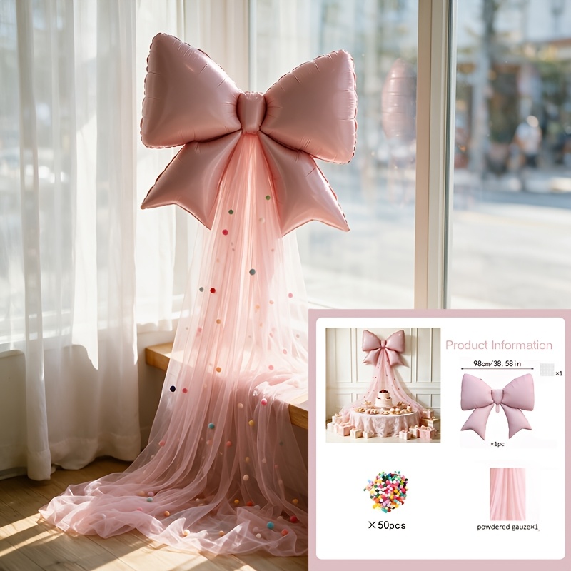 TEMU 53pcs - Large Bow Birthday Background Decoration Balloons, Light Pink Bow Tulle Balloons, Felt Balls With Adhesive Dots (random Color), Perfect