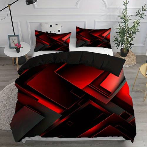 3d abstract geometric duvet cover set with pillowcases breathable polyester bedding zipper closure machine washable modern red and print design