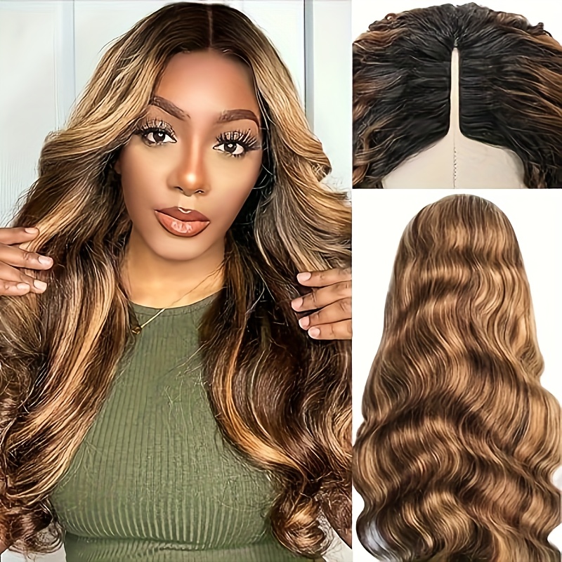 Glueless V Part Body Wave 4 27 Highlight Wig Human Hair Honey Blonde Body Wave Wigs Brazilian Ombre 4 27 Machine Made V Shape Middle Part Side Part No