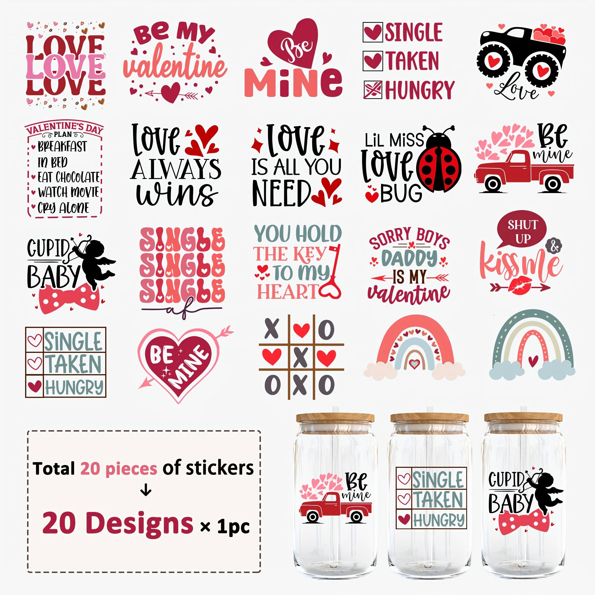 

20pcs Valentine's Day Love & Single Awareness Themed Stickers, Cartoon Pattern, Self-adhesive Pet Crystal Embellished Decals, , & , With For Glassware & Smooth