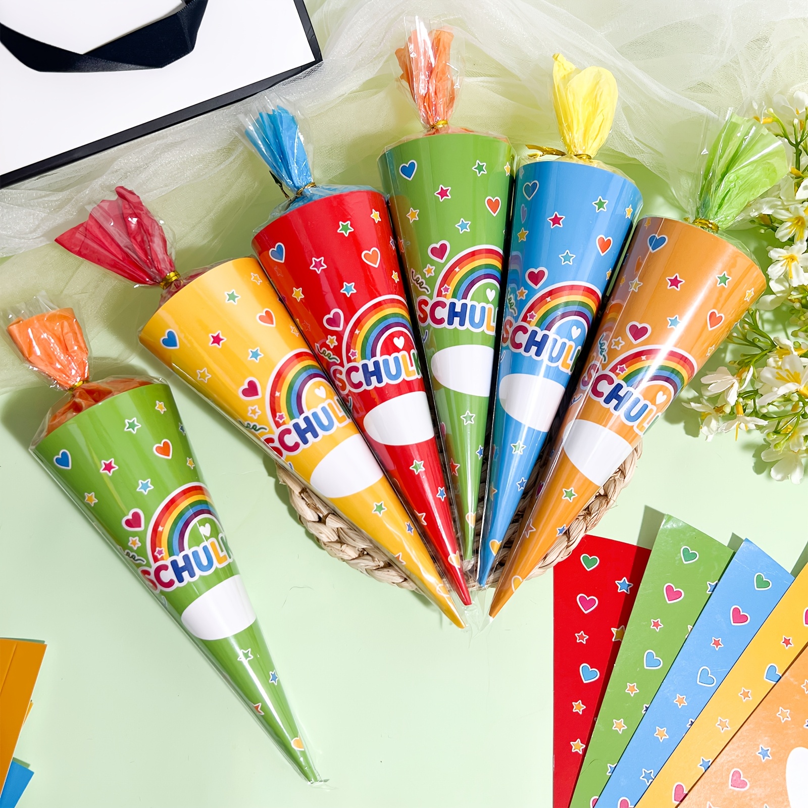 Image of 10 Sets School Cones First Day At School Party Packs, School Cones Small Filling Bag Mini School Cones For Adult Back To School Gift Filling, Colourful School Party Supply Decoration