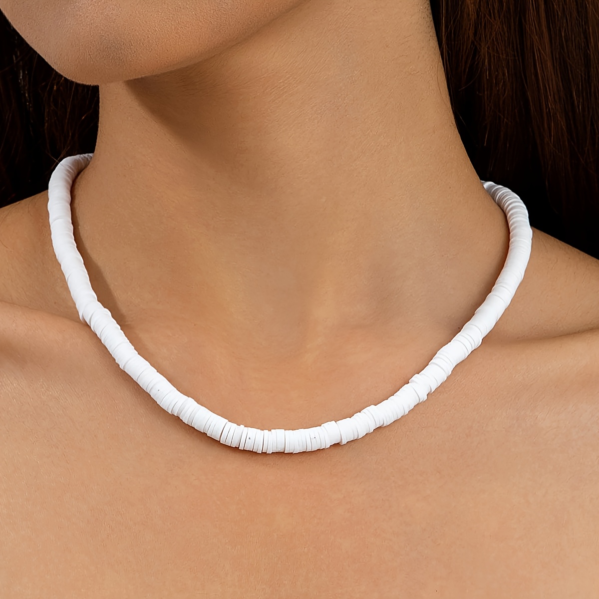 1pc Simple And Elegant White Polymer Clay Pendant Clavicle Chain With Fishing Line Handmade Beaded Choker Necklace, Suitable As A Perfect Gift For Women , Banquets, Or For , Jewelry