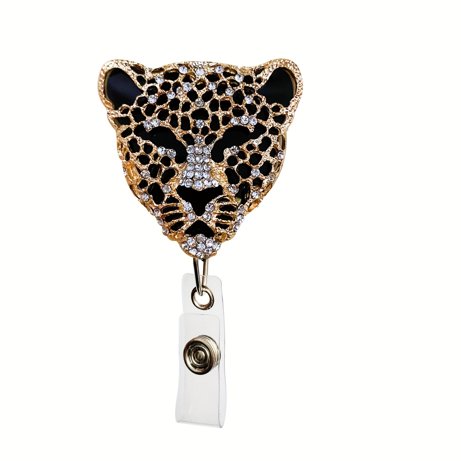 TEMU 2d Cute Rhinestone Leopard Head Retractable Buckle, Rotating Alligator Card Lanyard, 360° Rotating Metal Clip Badge Clip Chest Card Holder