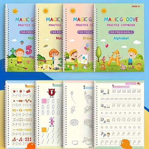 four magical handwriting practice books workbook reusable magic calligraphy practice book comfortable tracing sight words 3d copying workbook set tracing book 4 books 1 pen 10 refills 1 pen grip educational gradient training copybook christmas gift