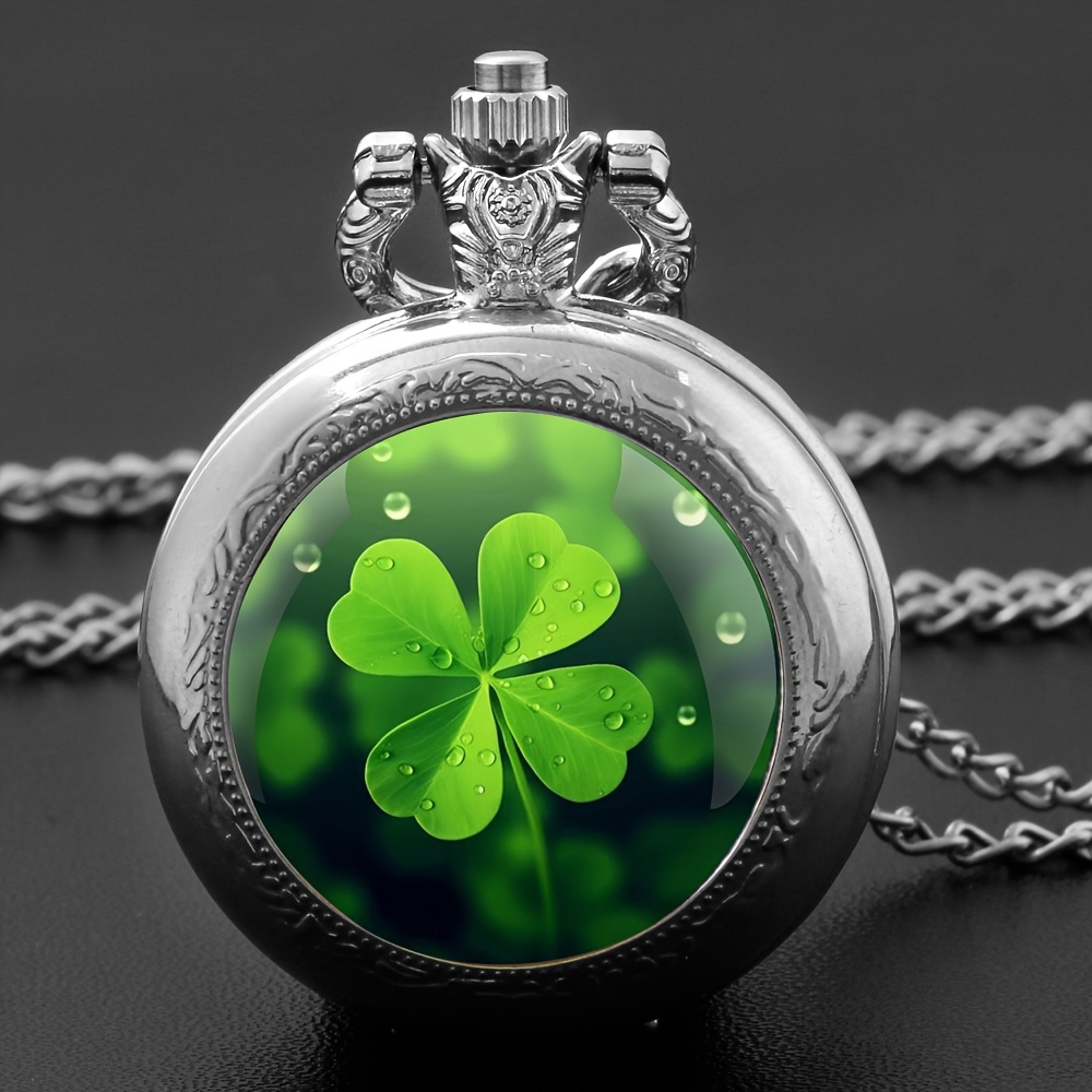 dandelion clover classic quartz pocket watch with round glass watch strap necklace clover jewelry lucky charm details 0