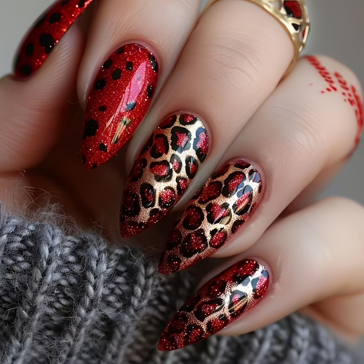 

24pcs Set Of Elegant -shaped Press-on Nails In Vibrant Red & Golden With Glittering Leopard Print - Medium Length, For Women