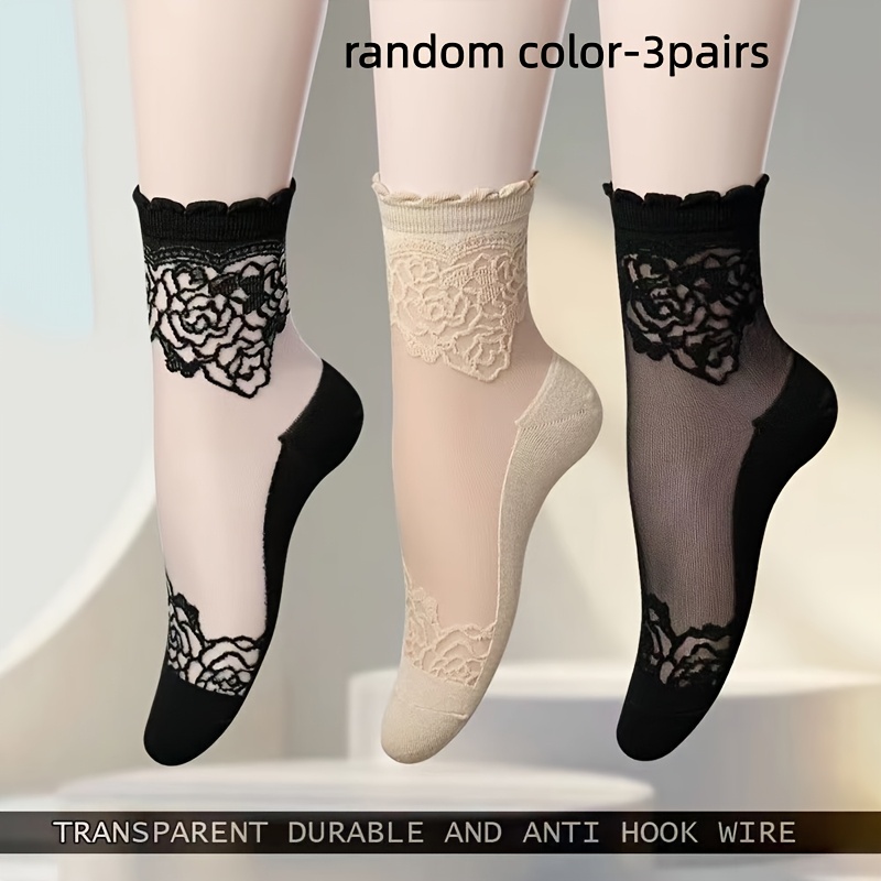 E-shop 3 Paar Damen dünne transparente Spitzen-Knöchelsocken in gemischten Farben, bequeme, atmungsaktive rutschfeste niedrig geschnittene Socken