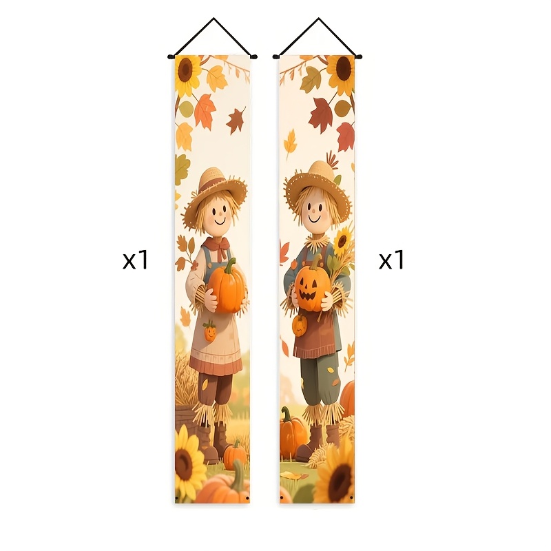 TEMU 2d Door Banner, Fall Thanksgiving Vertical Door Banner Decor Set, 2 Pack Cartoon Pumpkin Sunflower Maple Leaf Hanging Flag, Seasonal Outdoor