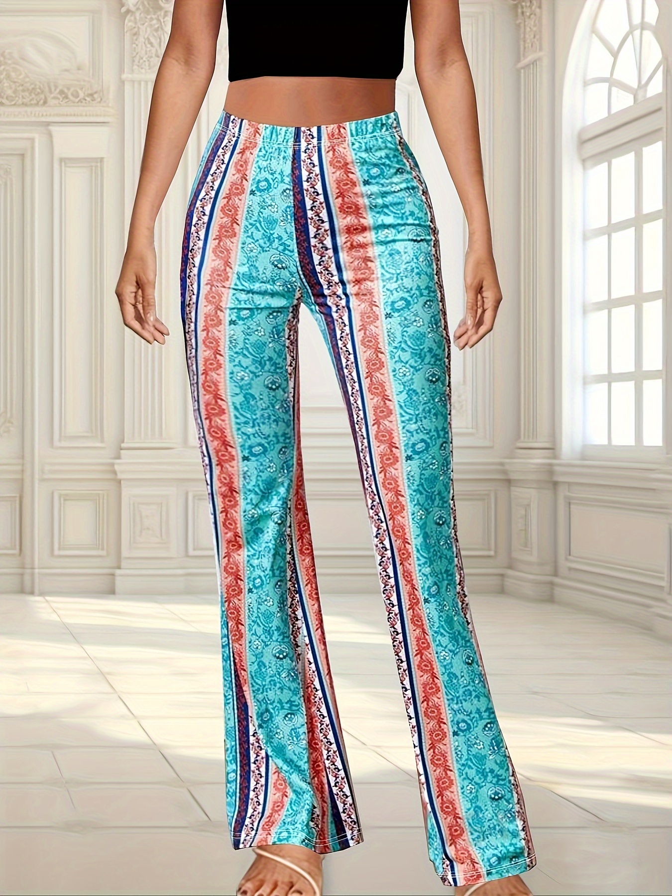 Tribal Print Flare Leg Pants Boho High Waist Forbidden Pants - Temu