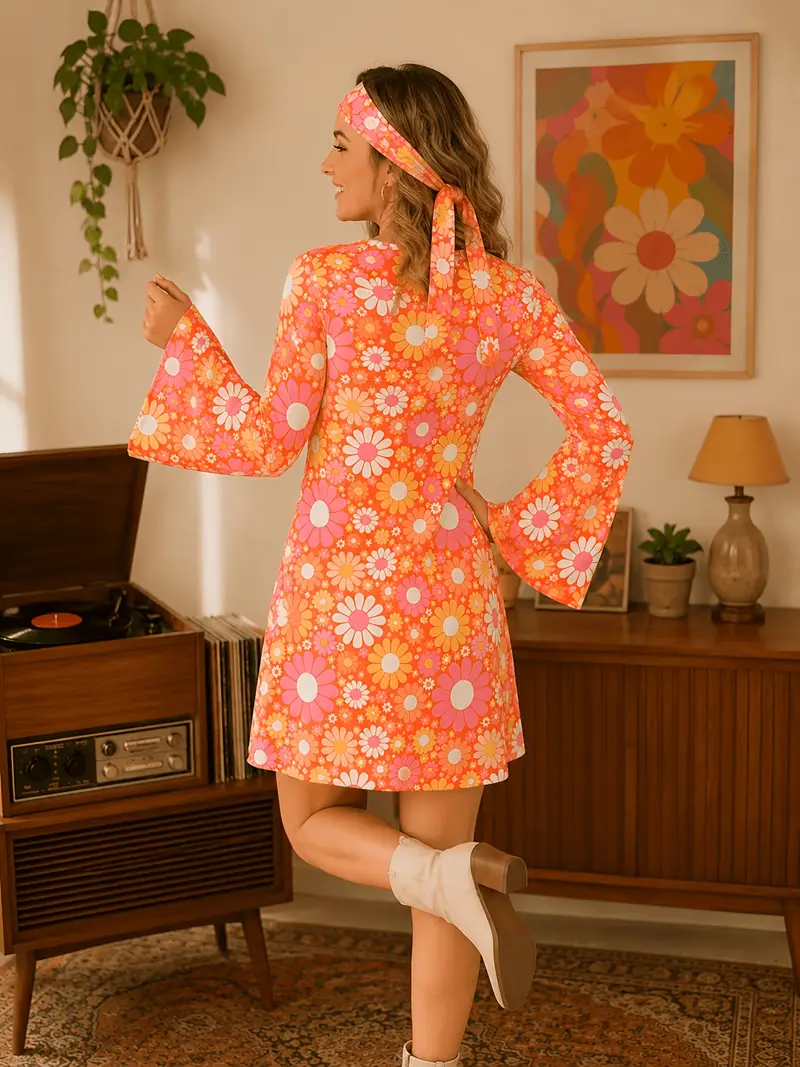 orange hippie dress 1960s Orange Floral Colorful Halter Boho Hippie Maxi Dress Gown Canned Ham Vintage