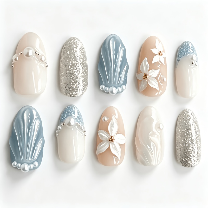 TEMU 10pcs Summer Ocean Glitter Nails Flowers Almond Press On Acrylic Nails Medium Surface Glossy Blue Vacation Beach Nails Tips Reusable With 3d