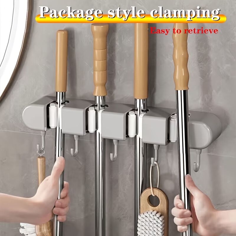 wall mounted mop and broom holder no drill   organizer with flexible silicone clips multi use plastic storage rack for bathroom   saving   sleek gray   cleaning tool holder   durable plastic rack details 4