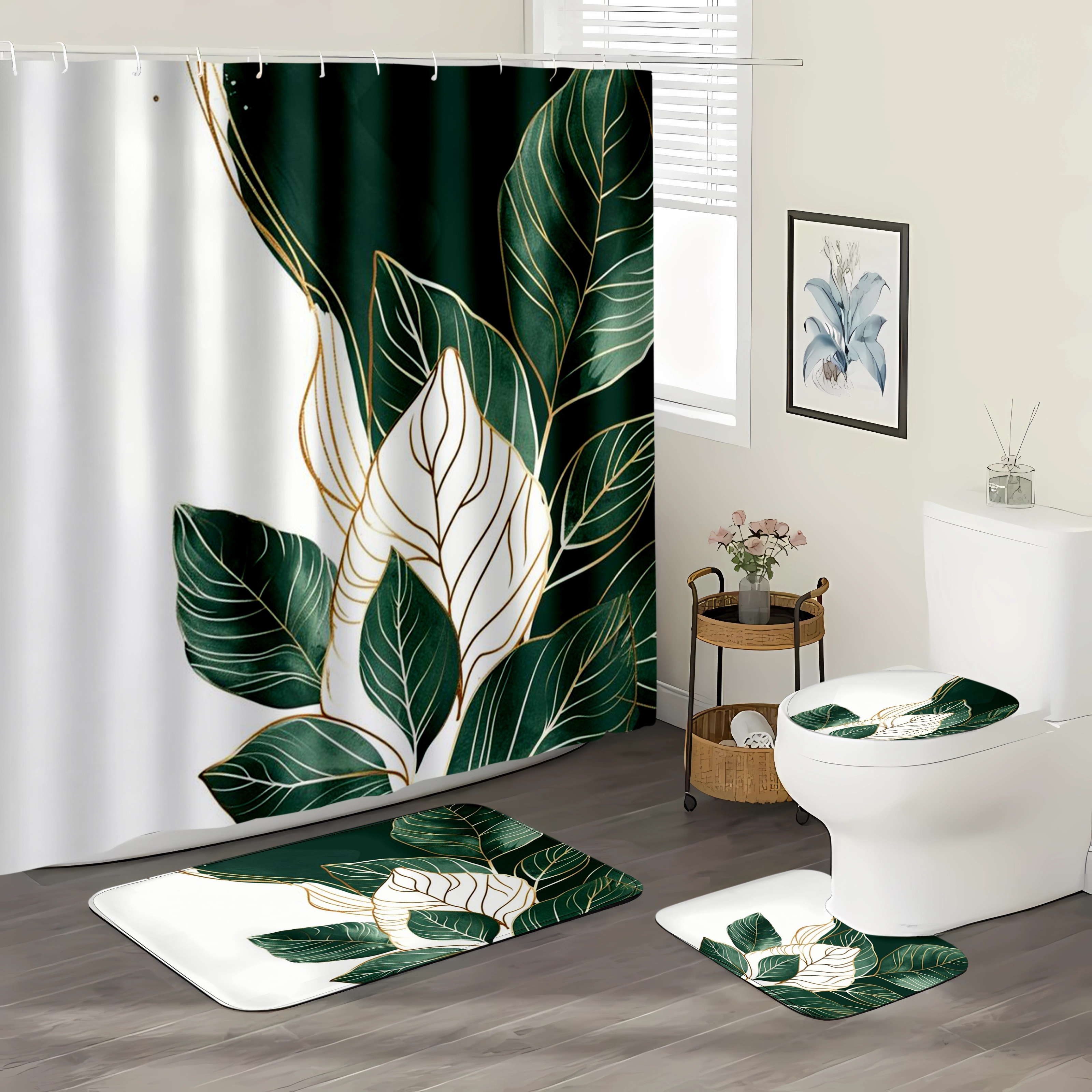 

Jasmine Leaf Design Shower Curtain Set - Waterproof Polyester With Non-slip Bath Mat, Toilet Lid Cover & U-shaped Rug (1/4pcs)