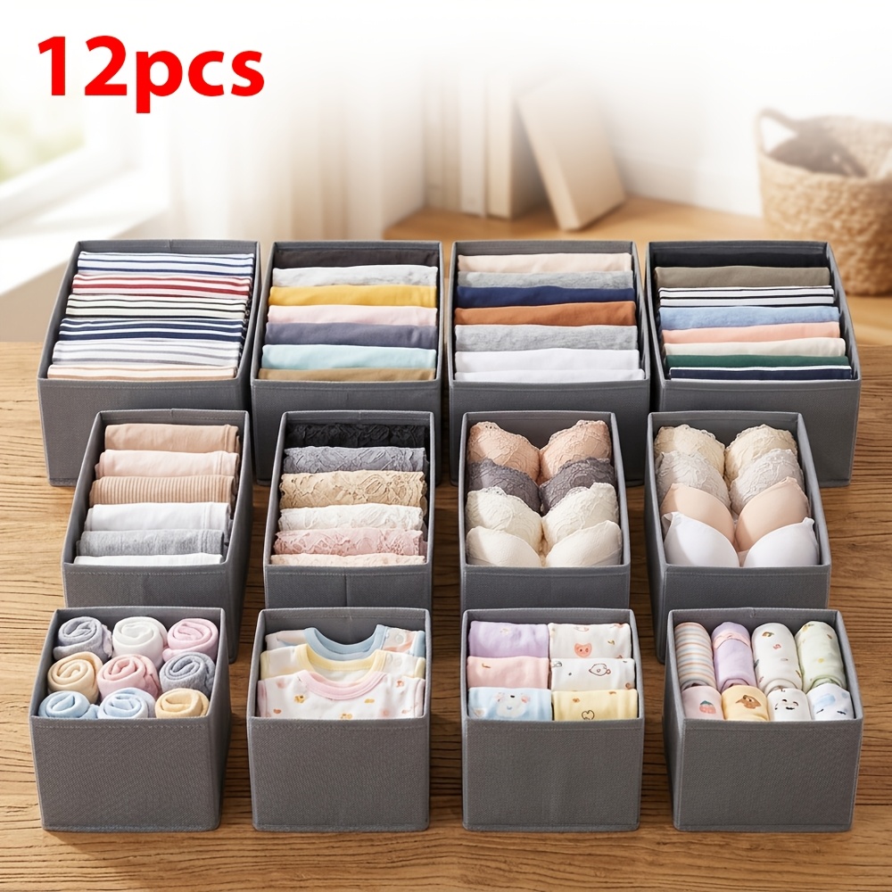 12pcs White And Gray Closet Organizer Set, Foldable Drawer Storage Bins For Clothes, Socks, Underwear And Accessories, Space Solution For Wardrobe, Dresser And Bedroom Organization