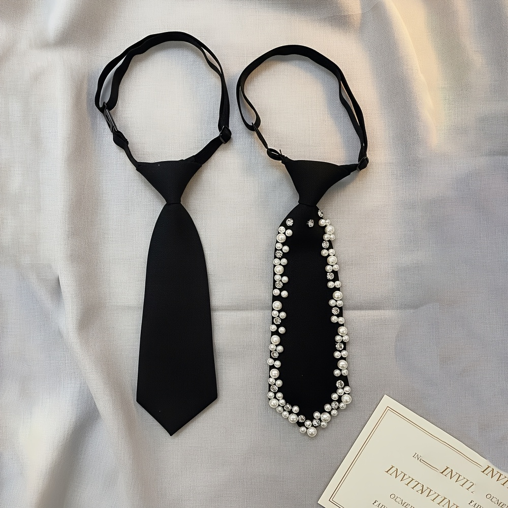 TEMU 2pcs Handmade Tie & Solid Color Necktie Set - Sparkling Suitable For School Uniforms, Uniform, Bestie Gifts, Machine Washable Ties For Blouses,