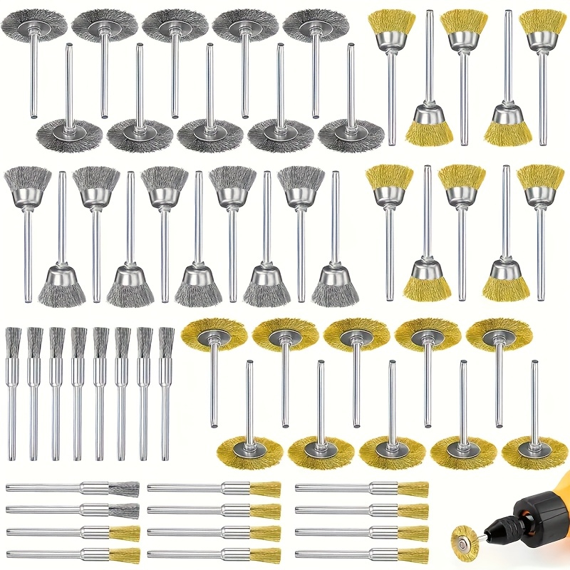 TEMU 60pcs Mini Steel Wire Brush Copper Wire Brush Set, Steel Wire Brush Metal Rust Removal Polishing Brush Bowl-shaped Mini Brush Pen-shaped Steel