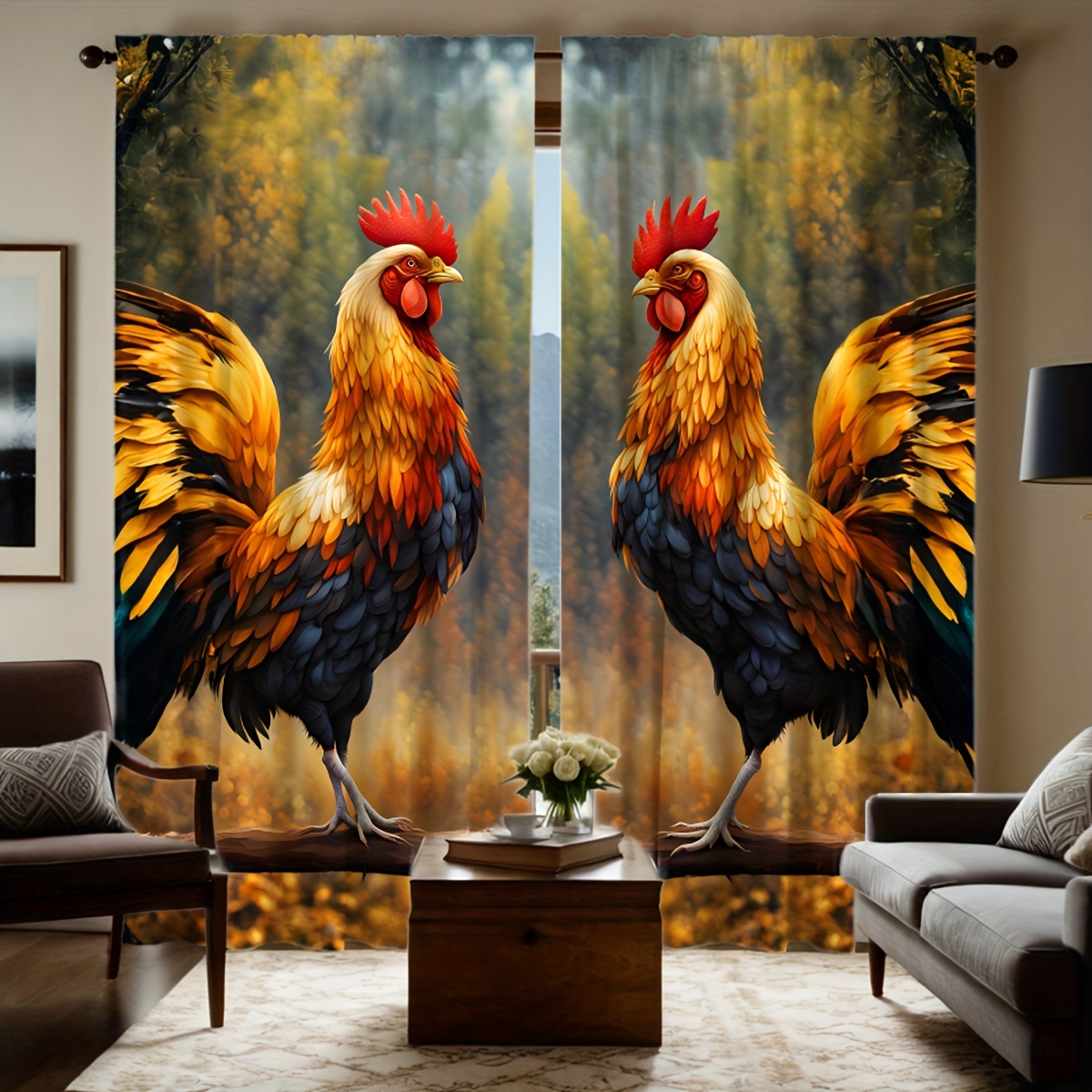 

Classic Style Rooster Print Decorative Curtain Panels - Machine Washable Twill Flannel Polyester, Semi-sheer Unlined Rod Pocket Drapes For Bedroom, All-season Pastoral Theme Home Decor (set Of 2)