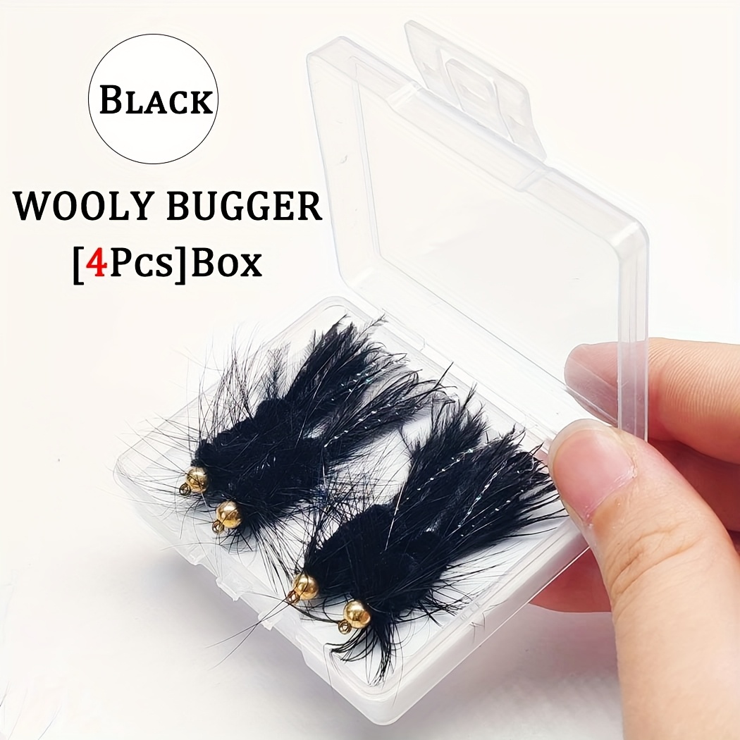TEMU Ensemble de 4 - Taille #4 (Rouge/Noir) Appâts Wooly à Tête Perle en Laiton pour la Pêche à la Truite et au Bar - Appât de Pêche à