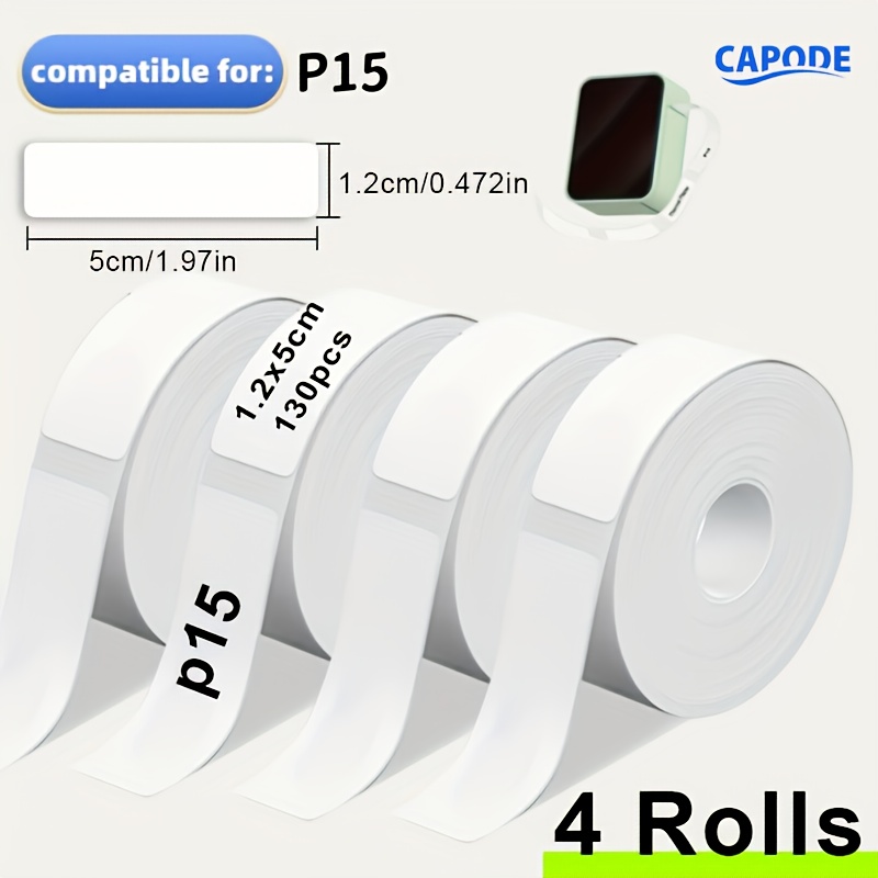 4 Rolls P15 Stickers, 12*50mm 0.472*1.97in Continuous Labels, 130 White Sheets Per Roll, Compatible With P15