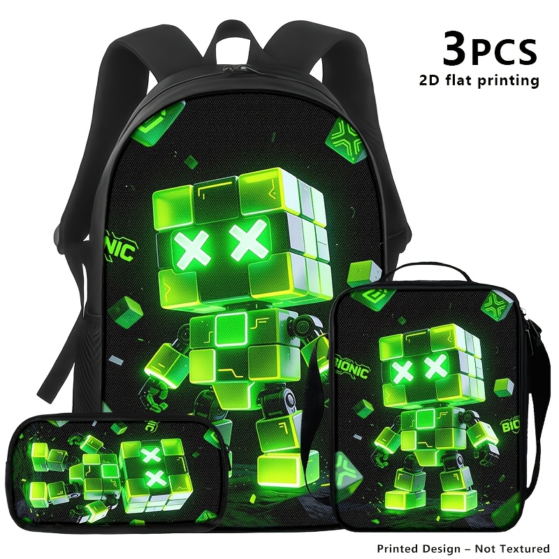 TEMU Bolsa de almacenamiento para mochila/bolso de , 1 pieza/2 piezas/3 piezas, con estampado 2D de robot de de píxeles verde neón; de juego para y