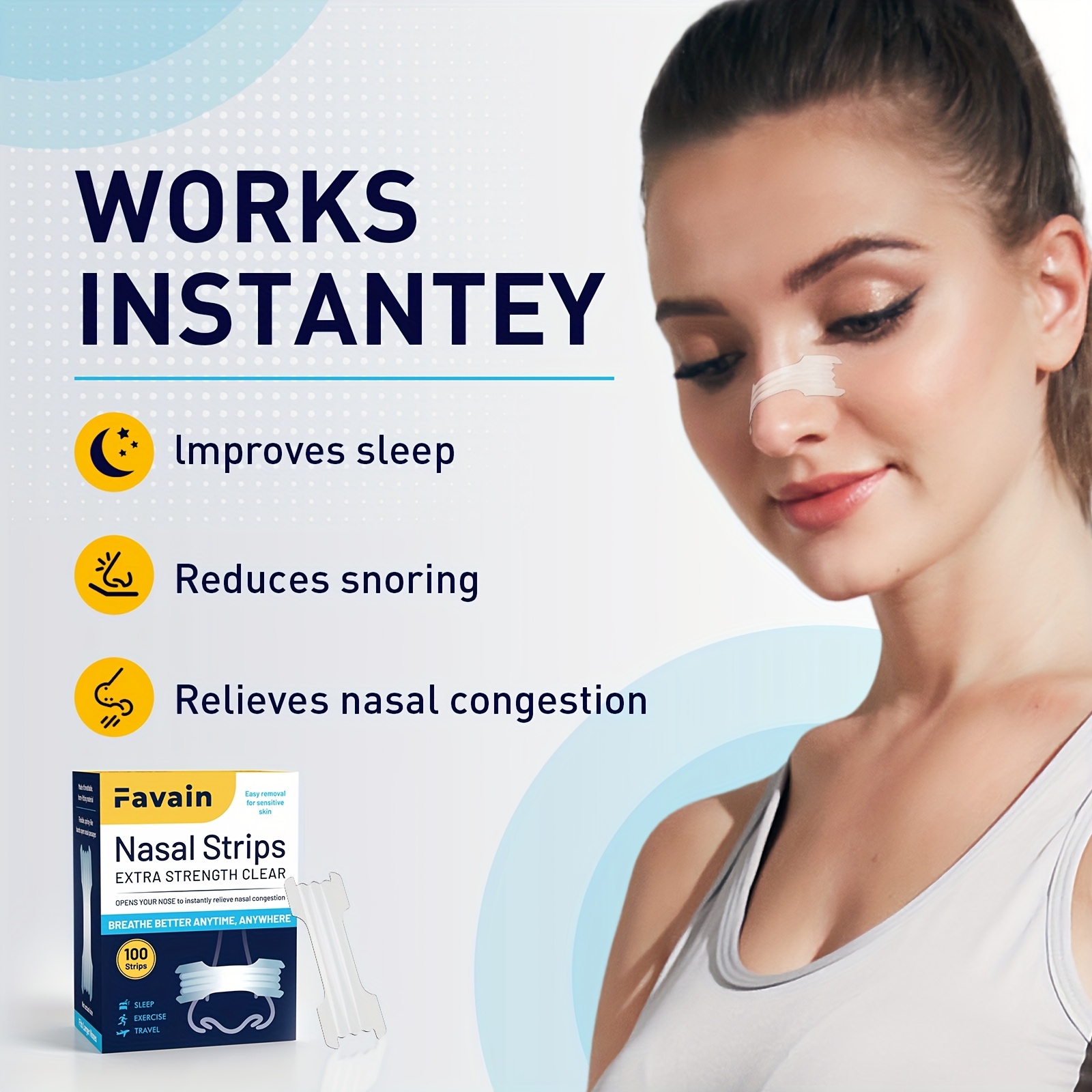 Favain 100pcs Non-Drug Snore Free Nasal Strips - Increased Airflow, Drug-Free Sleep Aid, Anti-Snoring Solution for Sleep Apnea & Health-Conscious Individuals, Christmas Gift Idea, Sleep Aid, Natural Sleep Aid, Easy Application - Image 7